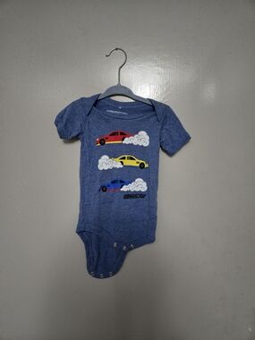 Nascar Blue Baby One-Piece Bodysuit with Red Yellow and Blue Cars